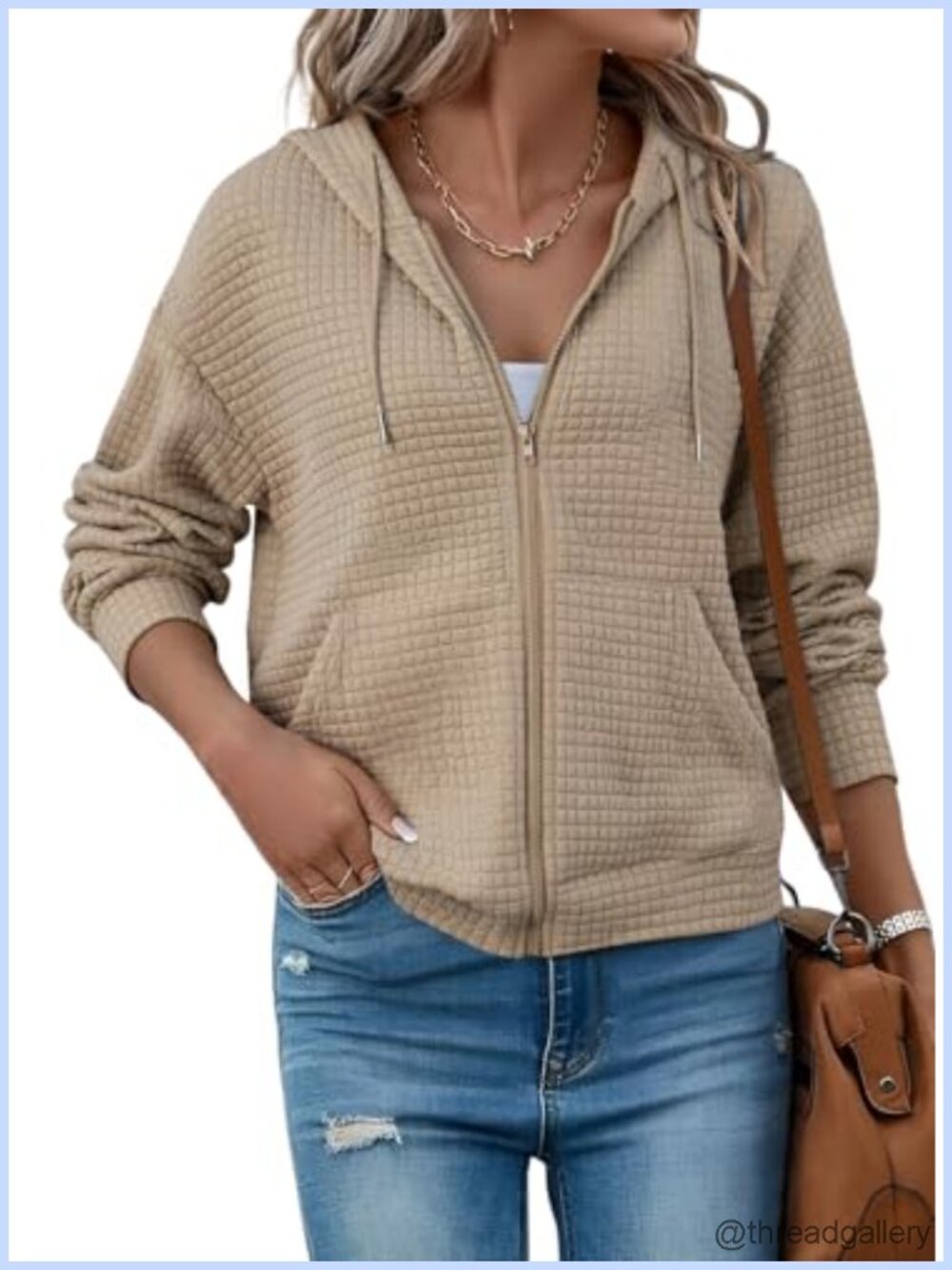 Womens Oversized Waffle Knit Zip Up Hoodie Sweatshirt Casual Fall Layer